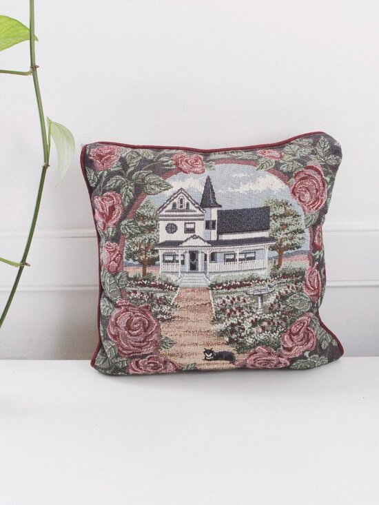 Other - Vintage Tapestry Throw Pillow  Country House Floral Cat Cottagecore Decor